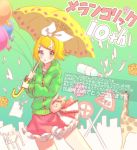  1girl anniversary balloon bangs blonde_hair blue_eyes bottle bow chair cityscape commentary cowboy_shot flower giraffe green_background green_jacket hair_bow hair_ornament hairclip highres holding holding_umbrella hood hooded_jacket jacket kagamine_rin krlouvf looking_at_viewer melancholic_(vocaloid) melancholy_(module) paper pink_skirt rabbit road_sign rose sign skirt solo standing swept_bangs umbrella vocaloid white_bow yellow_flower yellow_rose zipper 