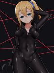  1girl arm_up bangs black_background black_bodysuit blonde_hair blue_eyes blue_scrunchie bodysuit breasts closed_mouth collarbone commentary_request covered_navel eyebrows_visible_through_hair hair_between_eyes hair_ornament hair_scrunchie hayasaka_ai head_tilt highres kaguya-sama_wa_kokurasetai_~tensai-tachi_no_renai_zunousen~ kirikan laser latex_bodysuit looking_at_viewer medium_breasts scrunchie side_ponytail sidelocks solo 