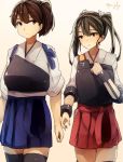  2girls black_legwear blue_hakama bow brown_eyes brown_hair closed_mouth gradient gradient_background grey_hair hair_bow hakama hand_up japanese_clothes kaga_(kantai_collection) kantai_collection kyouya_(mukuro238) multiple_girls muneate one_side_up red_hakama short_hair standing thigh-highs twintails twitter_username white_background white_bow wristband zuikaku_(kantai_collection) 