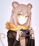  1girl animal_ears borrowed_character brown_jacket buttoniris camera closed_mouth commentary english_commentary green_eyes holding holding_camera jacket jitome long_sleeves looking_at_viewer mouse_ears mouse_girl mouse_tail open_clothes open_jacket orange_scarf original scarf solo tail 