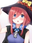  1girl absurdres bangs black_cape black_headwear blue_eyes bow cape eyebrows_visible_through_hair go-toubun_no_hanayome hair_between_eyes halloween hat hat_bow headphones headphones_around_neck highres long_hair looking_at_viewer nakano_miku open_mouth pink_hair shiny shiny_hair short_hair simple_background sleeveless solo umineco_1 upper_body white_background witch_hat yellow_bow 