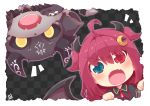  1girl :o ahoge bangs black_capelet blue_eyes blush brown_wings capelet checkered checkered_background chibi crescent crescent_hair_ornament debidebi_debiru demon demon_girl demon_horns demon_wings eyebrows_visible_through_hair fangs frilled_capelet frills hair_between_eyes hair_ornament heterochromia horns long_hair looking_at_viewer neck_ribbon nijisanji notice_lines open_mouth red_eyes red_ribbon redhead reku ribbon two_side_up v-shaped_eyebrows virtual_youtuber wings yuzuki_roa 