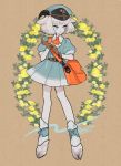  1girl animal_ears aqua_dress bag belt blue_eyes brown_background collared_dress commentary_request dress flower full_body goat_ears goat_girl grey_hair horns l_hakase orange_bag original pleated_dress puffy_short_sleeves puffy_sleeves short_hair short_sleeves shoulder_bag smile solo standing yellow_flower 