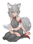  1girl animal_ears bare_shoulders black_legwear bow grey_hair high_heels highres medium_hair navel original parted_lips pink_lips red_bow red_footwear simple_background sitting sketch solo sutegoro tail thigh-highs turtleneck white_background 