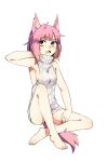  1girl animal_ears armpits bare_arms bare_legs barefoot blush breasts buttoniris commentary dress english_commentary eyebrows_visible_through_hair fang green_eyes hand_in_hair hand_up highres meme_attire naked_sweater open_mouth original pink_hair short_hair simple_background sitting skin_fang small_breasts solo sweater sweater_dress tail virgin_killer_sweater white_background white_sweater wolf_ears wolf_tail 