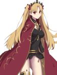  1girl asymmetrical_legwear asymmetrical_sleeves bangs between_breasts black_legwear blonde_hair breasts cape detached_collar earrings elfenlied22 ereshkigal_(fate/grand_order) fate/grand_order fate_(series) gold_trim highres hoop_earrings infinity jewelry long_hair long_sleeves looking_at_viewer medium_breasts multicolored multicolored_cape multicolored_clothes necklace parted_bangs red_cape red_eyes simple_background single_sleeve single_thighhigh skull solo spine thigh-highs thighs tiara two_side_up white_background yellow_cape 