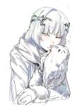  1girl bird buttoniris closed_eyes closed_mouth coat commentary english_commentary eyelashes gloves highres laurel_crown long_sleeves original owl scarf solo upper_body white_coat white_gloves white_hair white_scarf white_theme 