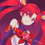  1girl absurdres bare_shoulders blush elbow_gloves gloves gradient gradient_background grin hand_on_hip highres jinx_(league_of_legends) league_of_legends long_hair magical_girl navel nose_blush red_eyes red_theme redhead smile smirk solo star star_guardian_(league_of_legends) star_guardian_jinx turtleneck twintails upper_body v-shaped_eyebrows yaya_chan 