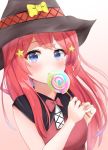  1girl bangs black_capelet black_headwear blue_eyes blush candy capelet eyebrows_visible_through_hair floating_hair food go-toubun_no_hanayome hair_between_eyes hair_ornament halloween hat holding lollipop long_hair looking_at_viewer nakano_itsuki pink_neckwear redhead shiny shiny_hair simple_background sleeveless solo star star_hair_ornament umineco_1 upper_body white_background witch_hat 