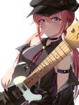  1girl arm_strap bare_shoulders black_choker black_headwear black_jacket black_shirt blue_eyes breasts buttons cabbie_hat choker collared_shirt earrings electric_guitar guitar hat highres holding holding_instrument instrument jacket jewelry long_hair looking_at_viewer low_twintails medium_breasts mole mole_under_eye neck_ribbon off_shoulder open_clothes open_jacket original pink_hair red_neckwear ribbon shirt sidelocks simple_background sleeveless sleeveless_shirt solo soya_(torga) stud_earrings twintails upper_body white_background 
