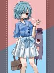  1girl absurdres aqua_hair blue_eyes blue_shirt brown_bag collared_shirt feet_out_of_frame hand_up heterochromia highres looking_at_viewer red_eyes salt_(seasoning) shirt shirt_tucked_in short_sleeves smile solo tatara_kogasa touhou 