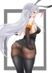  1girl absurdres animal_ears arknights ass back bangs bare_shoulders black_footwear black_legwear black_shirt blush boots breasts brown_gloves brown_legwear chinese_commentary commentary_request cowboy_shot elbow_gloves from_behind gloves grey_eyes grey_skirt highres large_breasts lazgear long_hair looking_at_viewer looking_back medium_breasts miniskirt open_mouth panties pantyhose pencil_skirt rabbit_ears savage_(arknights) shirt side_slit sideboob silver_hair simple_background skindentation skirt sleeveless sleeveless_shirt solo standing thigh-highs thigh_boots thighs two_side_up underwear very_long_hair white_background white_panties 