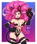  1girl 2019 alternate_color animal_ears arm_up blue_eyes breasts cat_ears cat_paws cat_tail collarbone eyebrows fangs felicia gradient gradient_background hand_on_hip highres large_breasts long_hair looking_at_viewer navel open_mouth original paws pink_hair solo taggo tail teeth v vampire_(game) very_long_hair 