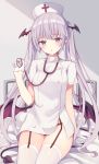  1girl absurdres bed black_panties breasts demon_girl demon_tail demon_wings double-breasted garter_straps gloves hand_up hat head_wings highres hospital_bed long_hair looking_at_viewer no_pants nurse_cap original panties parted_lips shirt short_sleeves silver_hair sitting small_breasts solo stethoscope tail thigh-highs thighs tsuzaki_tsunomi twintails underwear very_long_hair violet_eyes white_gloves white_legwear white_shirt wings 