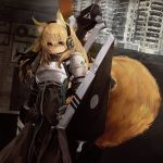  1girl animal_ear_fluff animal_ears arknights armor bangs black_dress blonde_hair breastplate brown_eyes building commentary_request cowboy_shot dress eyebrows_visible_through_hair hair_between_eyes headphones highres korean_commentary large_tail loliginal long_hair long_sleeves nearl_(arknights) pauldrons shield solo standing tail 