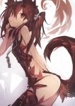  1girl absurdres animal_ears bangs bare_shoulders brown_hair cowboy_shot extra_ears hair_between_eyes hair_ribbon highres jewelry kaamin_(mariarose753) leaning_forward looking_at_viewer necklace original red_eyes ribbon sidelocks solo tail thigh-highs twintails white_background 