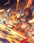  1girl animal_ears arknights brown_hair english_commentary english_text eyjafjalla_(arknights) highres holding holding_staff horns molten_rock narakuuu red_eyes respirator sheep_ears sheep_horns short_hair sitting solo staff 