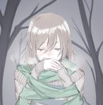  1girl bare_tree brown_hair brown_sweater buttoniris closed_eyes commentary copyright_request english_commentary facing_viewer green_scarf grey_background hair_between_eyes hands_up highres long_sleeves scarf shiny shiny_hair sleeves_past_wrists solo sweater tree upper_body 
