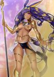  1girl animal_ears breasts closed_mouth clouds dark_skin earrings fate/grand_order fate_(series) groin highres hoop_earrings jewelry long_hair looking_at_viewer marubonman navel nitocris_(fate/grand_order) purple_hair solo very_long_hair violet_eyes 