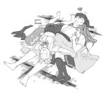  3girls barefoot blanket blush book bookmark bow bowtie breasts buttons closed_eyes collared_shirt commentary full_body greyscale hagikaze_(kantai_collection) hair_ribbon hakama_skirt indoors japanese_clothes kaga_(kantai_collection) kantai_collection kimono kneehighs long_hair lying maikaze_(kantai_collection) midriff monochrome multiple_girls navel on_side one_side_up pleated_skirt ribbon saliva school_uniform shirt short_sleeves side_ponytail skirt sleeping socks_removed squiggle sweat tatami vest weidashming 