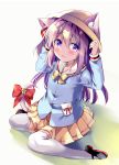  1girl animal_ear_fluff animal_ears arms_up azur_lane bell black_footwear blue_shirt blush cat_ears cat_tail hands_on_headwear hat jingle_bell kindergarten_uniform kisaragi_(azur_lane) long_hair mary_janes pink_eyes pink_hair ribbon school_hat shirt shoes side_ponytail sitting skirt solo tail tail_ornament tail_ribbon tatara_maguro thigh-highs white_legwear yellow_headwear yellow_skirt 