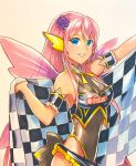  1girl armband bare_shoulders black_leotard blue_eyes butterfly_wings checkered checkered_flag commentary english_commentary flag flower from_side goodsmile_racing grin hair_flower hair_ornament hand_up highres holding holding_flag leotard long_hair looking_at_viewer mayo_riyo megurine_luka outstretched_arm pink_hair purple_flower purple_rose rose smile smiley_face solo traditional_media upper_body vocaloid watercolor_(medium) wings 