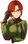  1girl adjusting_eyewear aozaki_touko breasts brown_eyes brown_hair coat gehflixy32uaowg glasses gloves green_coat highres jacket kara_no_kyoukai looking_at_viewer mahou_tsukai_no_yoru short_hair smile solo winter_clothes winter_coat 