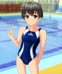 1girl absurdres black_hair blue_swimsuit blurry clothes_writing collarbone competition_swimsuit contrapposto cowboy_shot depth_of_field flat_chest green_eyes highres looking_at_viewer one-piece_swimsuit original outdoors pool short_hair smile solo string_of_flags swimsuit takafumi v 