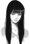  1girl bangs blunt_bangs closed_mouth greyscale hair_over_shoulder highres long_hair looking_at_viewer monochrome original portrait realistic simple_background smile solo wataboku white_background 