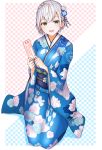  1girl ahoge blue_background blue_kimono braid breasts checkered checkered_background eyelashes floral_print flower furisode green_eyes hair_flower hair_ornament highres holding holding_paper hololive japanese_clothes kimono kokechan large_breasts looking_at_viewer new_year obi omikuji open_mouth paper pink_background sash seiza shirogane_noel short_hair side_braid silver_hair sitting smile solo two-tone_background virtual_youtuber yagasuri 