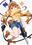 1girl :o bag bandaid bandaid_on_forehead blue_shorts boots breast_pocket brown_bag cable commentary_request floating hana_(h6n6_matsu) highres holding holding_pen jacket looking_at_viewer one_eye_closed orange_eyes orange_footwear orange_hair original oversized_object pen pocket shirt shirt_tucked_in shorts sleeves_rolled_up solo suspender_shorts suspenders twintails visor white_headwear white_shirt yellow_jacket 