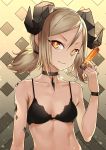  1girl aoi_tsunami arknights bare_arms bare_shoulders black_bra black_choker bra breasts choker collarbone commentary grey_hair hair_between_eyes hand_up head_tilt highres holding horns ifrit_(arknights) looking_at_viewer nail_polish orange_eyes orange_nails ore_lesion_(arknights) short_hair sidelocks small_breasts solo stomach underwear upper_body wristband 