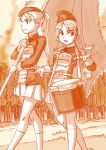  2girls drum drumsticks epaulettes flag hat highres holding instrument kageng long_hair long_sleeves marching military military_uniform multiple_girls original ponytail skirt snare_drum soldier uniform 