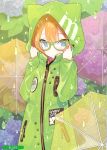  1girl absurdres artist_name blade_(galaxist) blue_eyes blush closed_mouth coat glasses green-framed_eyewear green_coat hands_up highres long_sleeves looking_at_viewer orange_hair original parted_lips raincoat scan solo standing transparent transparent_umbrella umbrella 