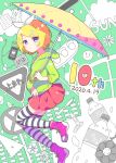  1girl balloon bandaid blonde_hair bottle bow cellphone earphones expressionless flower full_body green_hoodie hair_bow hair_ornament hairband hairclip highres holding holding_umbrella kagamine_rin leg_up looking_at_viewer melancholic_(vocaloid) melancholy_(module) miniskirt paper pen phone pink_footwear red_skirt road_sign shoes sign skirt smiley_face sneakers solo stop_sign striped striped_legwear thigh-highs tounoki_po umbrella vocaloid white_bow 