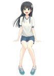  1girl black_hair blue_footwear blue_shorts commentary_request flower full_body green_eyes gym_uniform hair_flower hair_ornament invisible_chair k3rd long_hair looking_at_viewer saten_ruiko shirt shoes shorts simple_background sitting sneakers solo t-shirt to_aru_kagaku_no_railgun to_aru_majutsu_no_index white_background white_shirt 