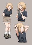  1girl alternate_costume arm_behind_back bangs black_shirt blonde_hair blush bottle brown_eyes brown_shorts closed_eyes commentary_request cross full_body grey_background highres looking_at_viewer mp40_(girls_frontline) multiple_views open_mouth shirt short_hair shorts simple_background smile t-shirt triangle_bullet upper_body 