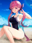  1girl :q ahoge arm_up beach blue_sky blush breasts choya clouds collarbone competition_swimsuit highres hololive horizon large_breasts minato_aqua multicolored_hair ocean one-piece_swimsuit purple_hair sky solo swimsuit thighs tongue tongue_out twintails two-tone_hair violet_eyes virtual_youtuber 