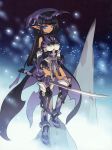  1girl absurdres armor armored_boots black_hair blade_(galaxist) blue_eyes boots closed_mouth earrings highres holding holding_sword holding_weapon huge_filesize jewelry long_hair original pointy_ears scan solo standing sword weapon 