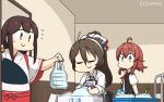  3girls ahoge akagi_(kantai_collection) apron arashi_(kantai_collection) ashigara_(kantai_collection) bangs blouse bow brown_eyes brown_hair closed_eyes collared_shirt commentary_request dated flying_sweatdrops food gloves hair_bow hairband hakama hakama_skirt hamu_koutarou highres indoors japanese_clothes kantai_collection leaning_forward long_hair long_sleeves looking_at_another messy_hair multicolored_bow multiple_girls muneate onion plump ponytail purple_apron red_skirt redhead shirt short_sleeves signature skirt sleeves_rolled_up smile standing straight_hair vest wavy_hair white_gloves white_hairband white_shirt wide_sleeves yellow_eyes 