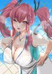  1girl ;p absurdres azur_lane bangs bare_shoulders blue_sky blush bra breasts bremerton_(azur_lane) bremerton_(scorching-hot_training)_(azur_lane) chain-link_fence clouds collarbone collared_shirt commentary_request covered_nipples cowboy_shot crop_top eyebrows_visible_through_hair fence green_skirt grey_hair hair_between_eyes hair_intakes hair_ornament hairclip hand_on_hip heart heart_necklace highres large_breasts leaning_forward long_hair looking_at_viewer maison_sazi multicolored_hair no_mole one_eye_closed pink_eyes pink_hair see-through shirt shirt_tug sidelocks skirt sky sleeveless sleeveless_shirt smile solo sportswear standing steam streaked_hair sweat tennis_uniform tongue tongue_out twintails two-tone_hair two-tone_shirt two-tone_skirt underwear white_bra white_shirt white_skirt x_hair_ornament 