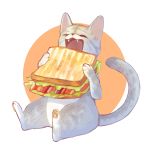  bacon cat closed_eyes commentary_request eating fangs food full_body hands_up highres holding lettuce mayumochini no_humans open_mouth original pawpads sandwich simple_background sitting solo tomato two-tone_background white_background 