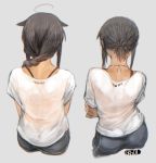  ass back black_hair bra_strap braid braided_ponytail ergot facing_away fubuki_(kantai_collection) highres jewelry kantai_collection nape necklace ponytail see-through shigure_(kantai_collection) shirt sweat white_shirt 