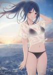  1girl absurdres arhah arm_at_side arm_up backlighting bangs bikini bikini_under_clothes black_bikini blue_hair blush breasts closed_mouth collarbone eyebrows_visible_through_hair floating_hair gradient_sky hand_in_hair highres horizon long_hair looking_at_viewer love_live! love_live!_sunshine!! matsuura_kanan medium_breasts ocean parted_bangs ponytail see-through shirt short_sleeves sidelocks skindentation sky smile solo standing sunlight swimsuit tied_shirt violet_eyes water wet wet_clothes wet_shirt wind 