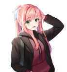  1girl :d arm_up black_jacket bow doki_doki_literature_club drawstring green_eyes hair_bow hood hood_down hoodie jacket long_hair long_sleeves looking_at_viewer monika_(doki_doki_literature_club) open_clothes open_jacket open_mouth pink_hair ponytail r3d red_hoodie sidelocks simple_background smile solo upper_body white_background 