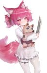  1girl absurdres animal_ear_fluff animal_ears arknights bangs center_frills dokomon dress eyebrows_visible_through_hair frilled_dress frills hair_between_eyes heart heart-shaped_pupils highres holding holding_knife knife long_sleeves looking_at_viewer object_hug pantyhose purple_hair red_eyes shamare_(arknights) simple_background skindentation sleeves_past_wrists solo stuffed_animal stuffed_toy stuffed_wolf symbol-shaped_pupils tail twintails white_background white_dress white_legwear 