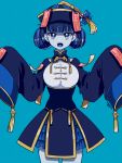  1girl artist_name blue_background blue_eyes blue_hair chinese_clothes grey_skin highres jiangshi kisaragi_yuu_(fallen_sky) ofuda open_mouth panty_&amp;_stocking_with_garterbelt short_hair simple_background solo standing stocking_(psg) tangzhuang 