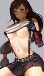    1girl :o bangs bare_shoulders black_gloves black_skirt blush breasts brown_eyes brown_hair earrings elbow_pads final_fantasy final_fantasy_vii final_fantasy_vii_remake fingerless_gloves gloves highres ippers jewelry long_hair looking_at_viewer low-tied_long_hair midriff miniskirt navel open_mouth pencil_skirt pleated_skirt shirt shirt_lift skirt stomach suspender_skirt suspenders swept_bangs tank_top taut_clothes taut_shirt thighs tifa_lockhart under_boob very_long_hair white_tank_top 
