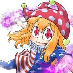  1girl american_flag_dress american_flag_legwear avatar_icon blonde_hair chamaji clownpiece dress fairy_wings fang fire hair_between_eyes hat holding jester_cap looking_at_viewer lowres neck_ruff pantyhose polka_dot red_headwear short_dress short_sleeves simple_background smile solo star star_print striped torch touhou white_background wings 