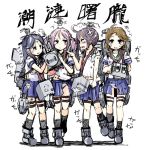  4girls adapted_costume ahoge akebono_(kantai_collection) badge bandaid bandaid_on_face bell black_hair black_legwear blue_skirt brown_eyes brown_hair camisole character_name commentary_request facing_viewer flower full_body green_sailor_collar hair_bell hair_bobbles hair_flower hair_ornament highres jingle_bell kantai_collection kneehighs long_hair machinery momo_(higanbana_and_girl) multiple_girls o3o oboro_(kantai_collection) panties pink_eyes pink_hair pleated_skirt polka_dot polka_dot_panties purple_hair sailor_collar sazanami_(kantai_collection) school_uniform serafuku short_hair short_sleeves side_ponytail simple_background skirt torn_clothes twintails underwear ushio_(kantai_collection) very_long_hair violet_eyes white_background white_panties 